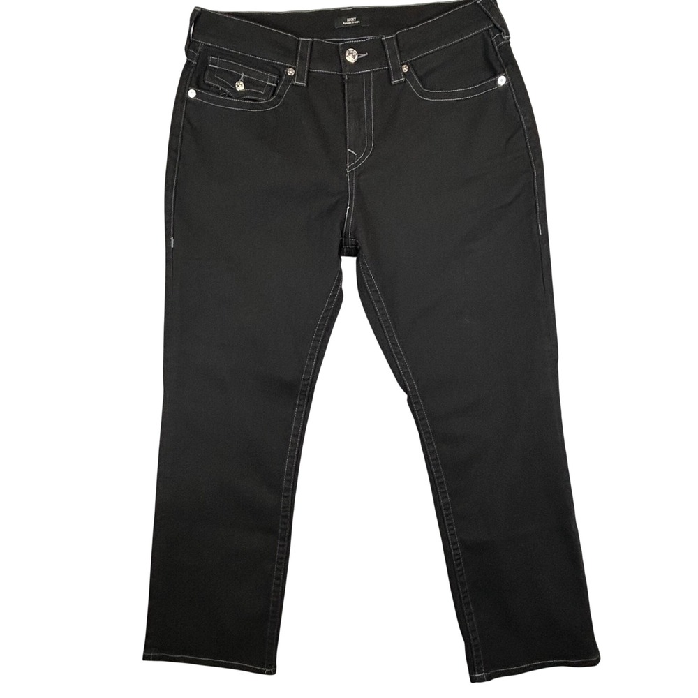 True Religion Ricky Relaxed Straight Black Contrast Stitch Jeans Mens 36x29